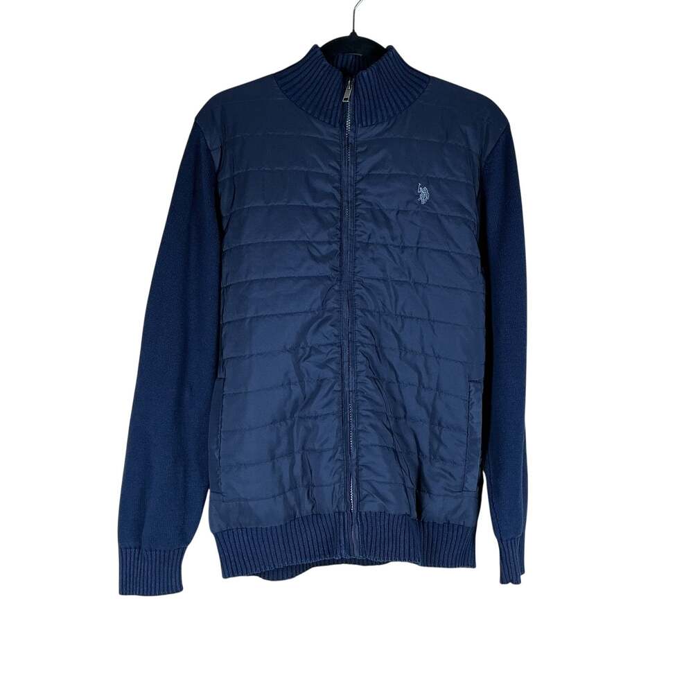 US Polo Assn Quilted Sweater Jacket Men M Navy Blue Full Zip Cotton Preppy